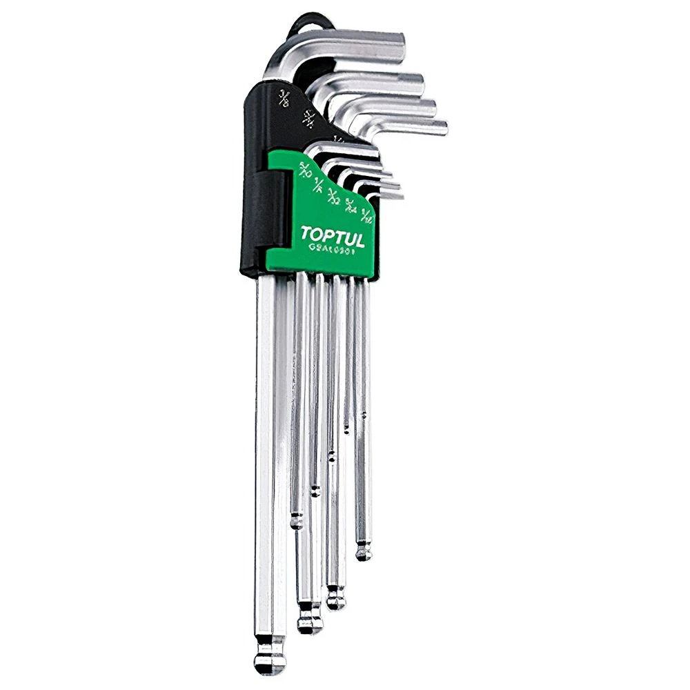 Набор дюймовых Г-образных шестигранников с шаром 1/16"-3/8" 9ед. GBAL0901 TOPTUL Набор дюймовых Г-образных шестигранников с шаром 1/16"-3/8" 9ед. GBAL0901 TOPTUL