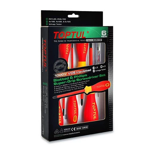 Набор отверток электроизолированных 1000V VDE 6ед. (PH, SL + индикатор) GFE-0605 TOPTUL Набор отверток электроизолированных 1000V VDE 6ед. (PH, SL + индикатор) GFE-0605 TOPTUL