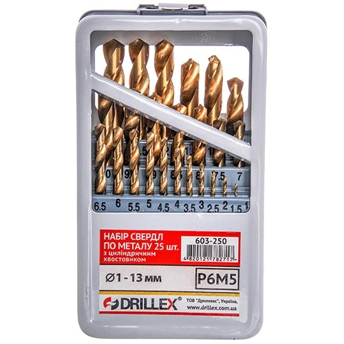 Набор сверл по металлу P6M5 (25 шт.) титан 1-13мм НСВ2513Т Украина Набор сверл по металлу P6M5 (25 шт.) титан 1-13мм НСВ2513Т Украина