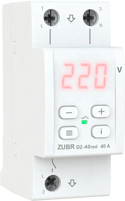 Реле напряжения на DIN-рейку ZUBR D2-40red с LED-индикатором и кнопками настройки
