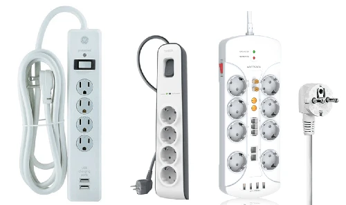 Коллаж: колодка, сетевой фильтр с индикацией и барабан на 8 гнёзд — форматы подключения Коллаж: простая колодка, брендовый сетевой фильтр с индикатором и барабан-удлинитель на 8 гнёзд