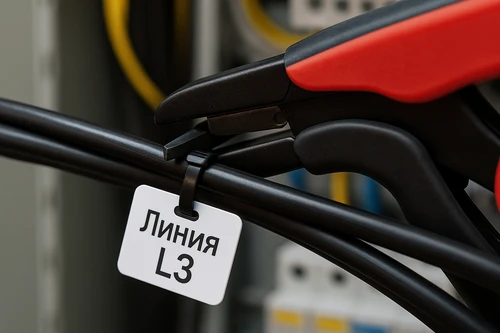 Крупний план: пістолет для стяжок і бирка з маркуванням лінії