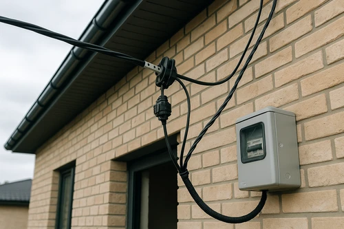 Прокладка СИП по фасаду частного дома с анкерными зажимами и изолированным ответвлением к вводному щиту