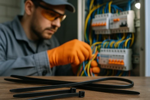 Крупний план: монтажник збирає джгути проводів усередині щита