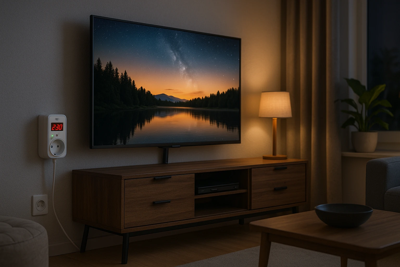 Затишна вітальня з телевізором і реле напруги, підключеним у настінну розетку