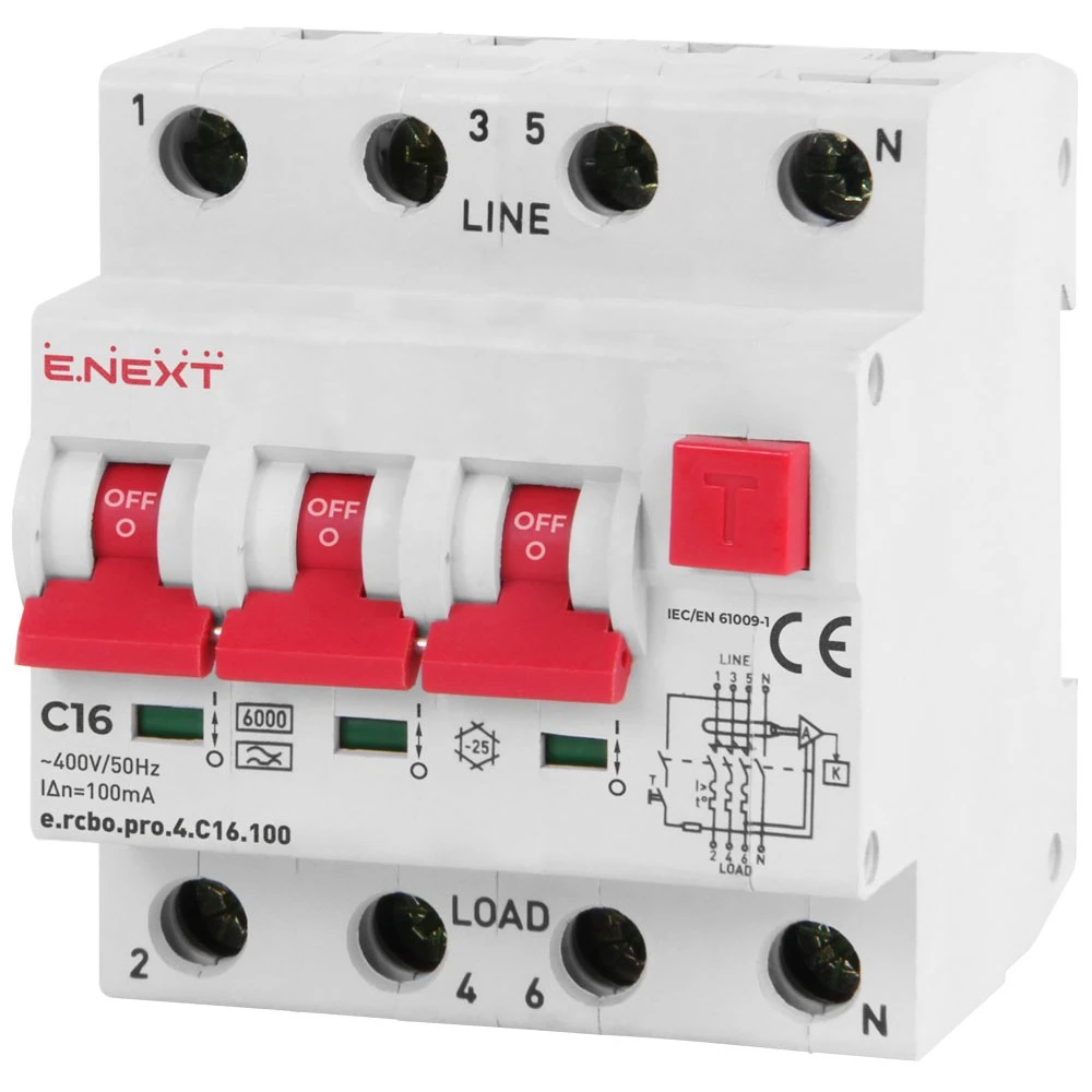 АВДТ 16A 100mA 6kA 4 полюса тип C тип A p0720021 e.rcbo.pro.4 E.NEXT