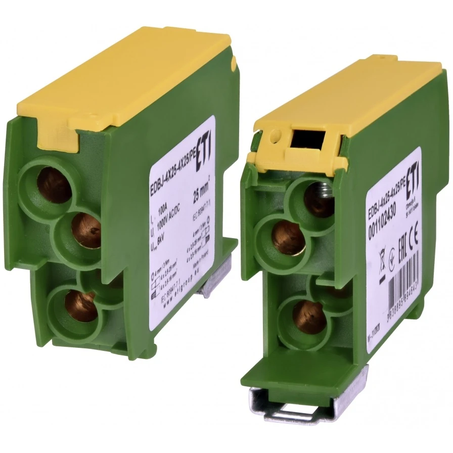 Распределительный блок EDBJ-4x25-4x25/PE 100A 1 полюс 4 входа 4 выхода зеленый+желтый 001102430 ETI