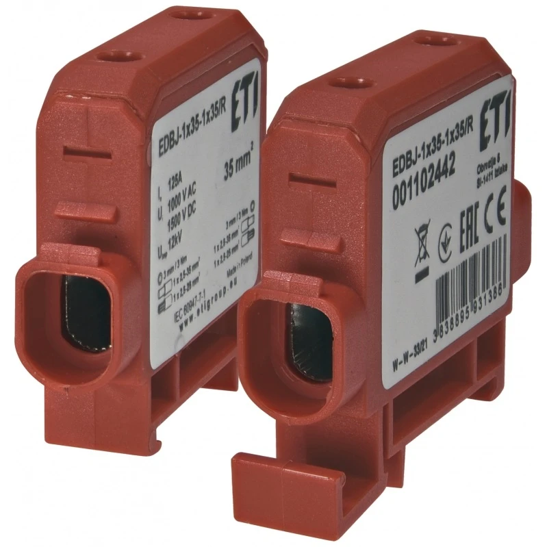 Распределительный блок EDBJ-1x35-1x35/R 1 полюс 1 вход 1 выход 125A красный 001102442 ETI