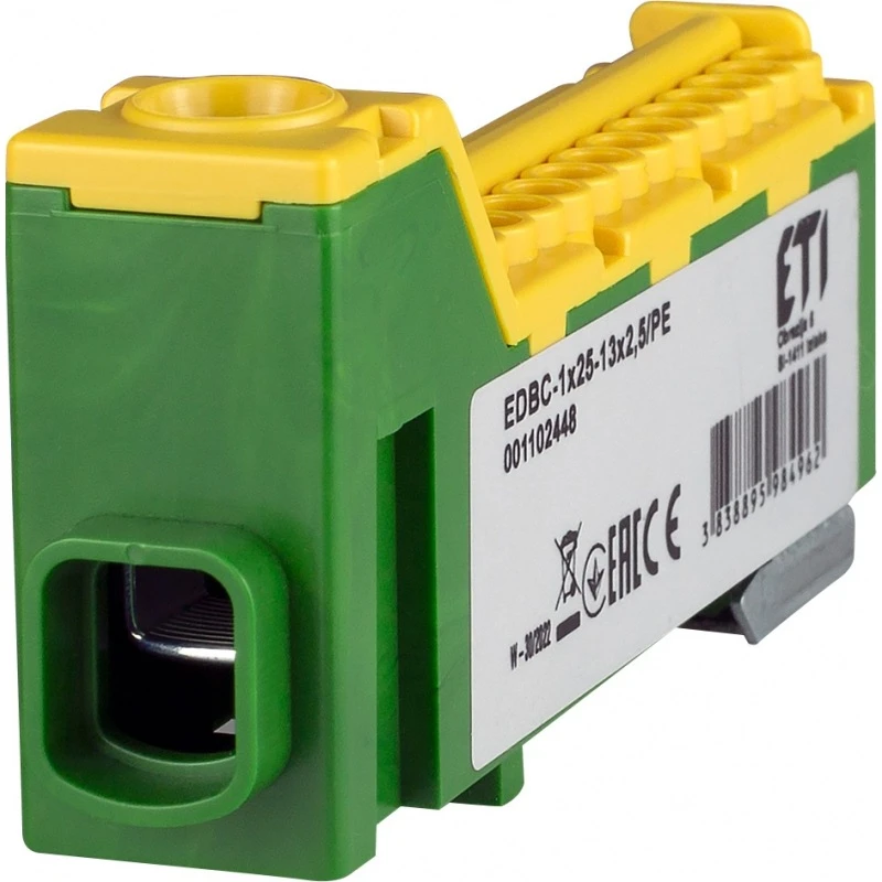 Распределительный блок EDBC-1x25-13x2,5/PE 63A 1 полюс 1 вход 13 выходов зеленый+желтый 001102448 ETI