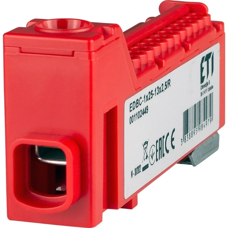 Распределительный блок EDBC-1x25-13x2,5/R 63A 1 полюс 1 вход 13 выходов красный 001102449 ETI