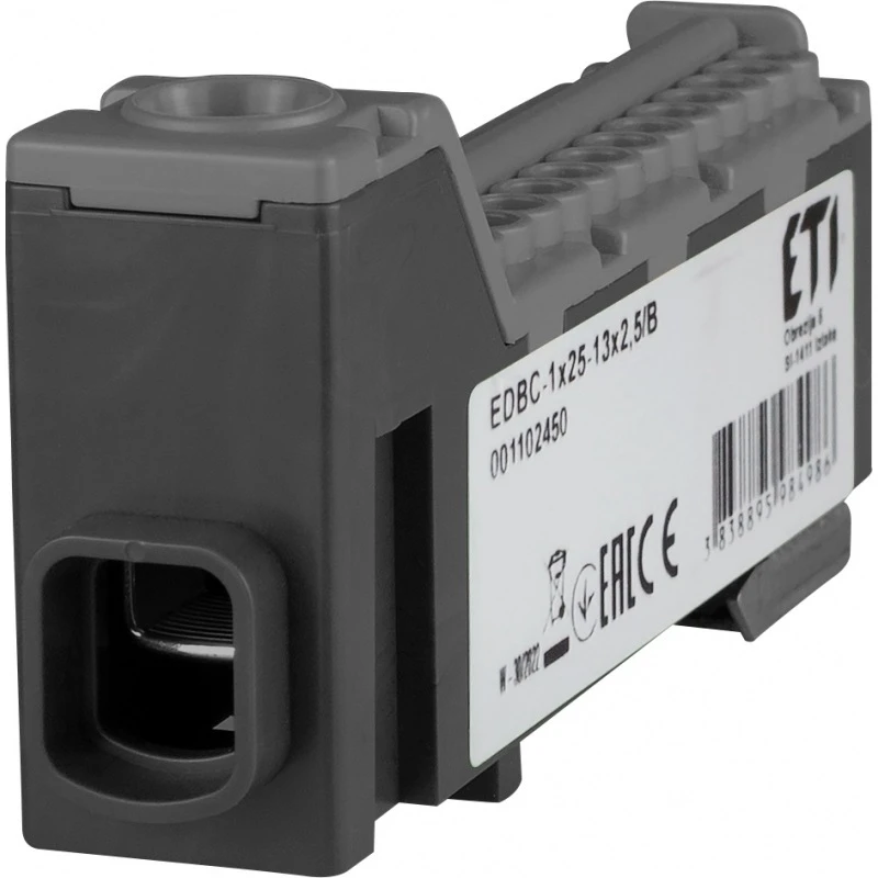 Распределительный клеммный блок EDBC-1x25-13x2,5/B 63A 1 полюс 1 вход 13 выходов черный 001102450 ETI