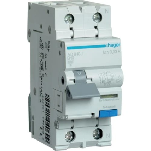 Дифавтомат 10A 30mA 6kA 2 полюса тип B тип A AD910J Hager