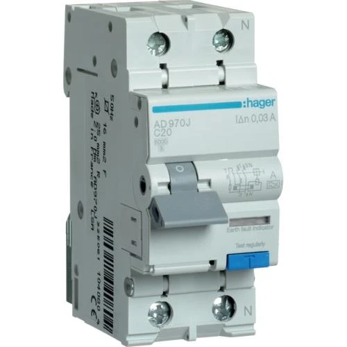 Дифавтомат 20A 30mA 6kA 2 полюси тип C тип A AD970J Hager