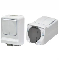 2-клавішний вимикач + одинарна розетка 2P+PE Schuko IP44 10/16A 250V полікарбонат 4481023 ETI
