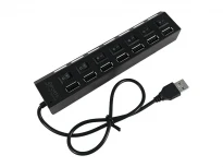 USB-хаб LEDUA 4-1073: 7×USB-A 2.0 (480 Мбіт/с), вимикачі, синє підсвічування, активне живлення 5V, підтримка накопичувачів до 500 ГБ, чорний