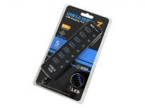 7-портовий USB-хаб 4-1075 (USB-A 3.0, до 5 Гбіт/с), з вимикачами на кожному порті, синє підсвічування, вбудована зарядка 2,4 А, чорний, LEDUA