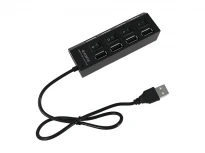 USB-хаб 4-1029, 4 порти USB-A 2.0 з вимикачами, синє підсвічування, активне живлення 5V, підтримка накопичувачів до 500 ГБ, чорний, LEDUA