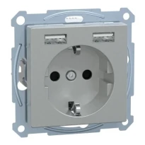 Механізм розетки із заземленням та шторками + 2xUSB 24A Merten System M MTN2366-0319 алюміній Schneider Electric